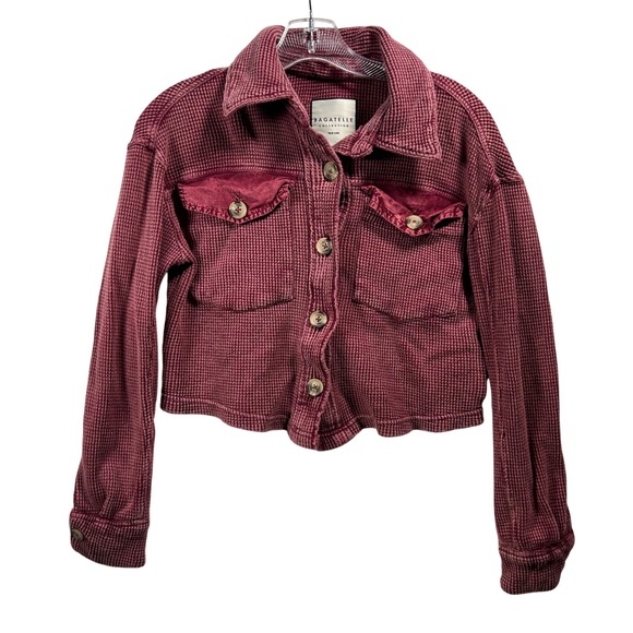 Bagatelle Collection Jackets & Blazers - Bagatelle Collection Burgundy Waffle Knit Cropped Shacket Shirt Jacket XS Cotton